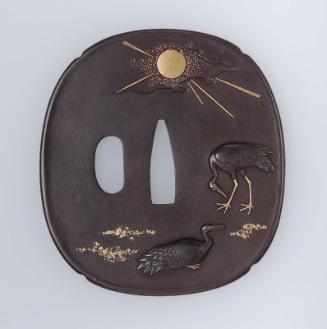 Tsuba with design of cranes and sun