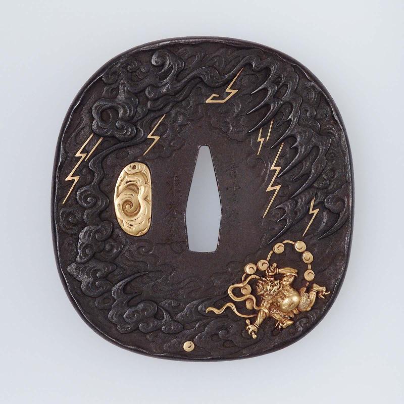 Tsuba with design of Raijin, Futen, clouds and lightning