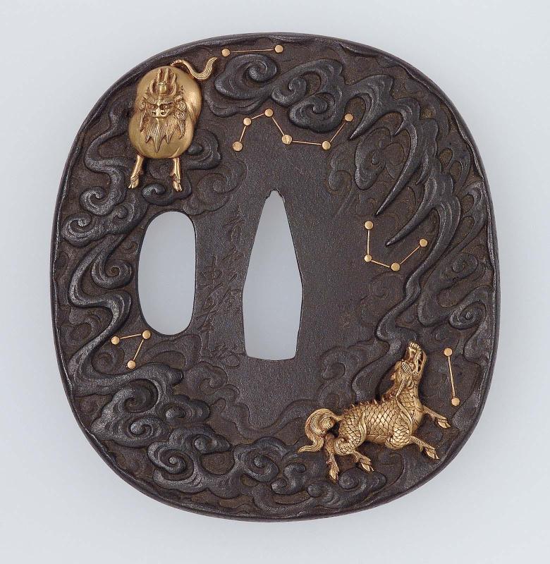 Tsuba with design of kirin, baku, clouds and constellations