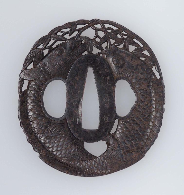 Tsuba with design of two carp and bamboo
