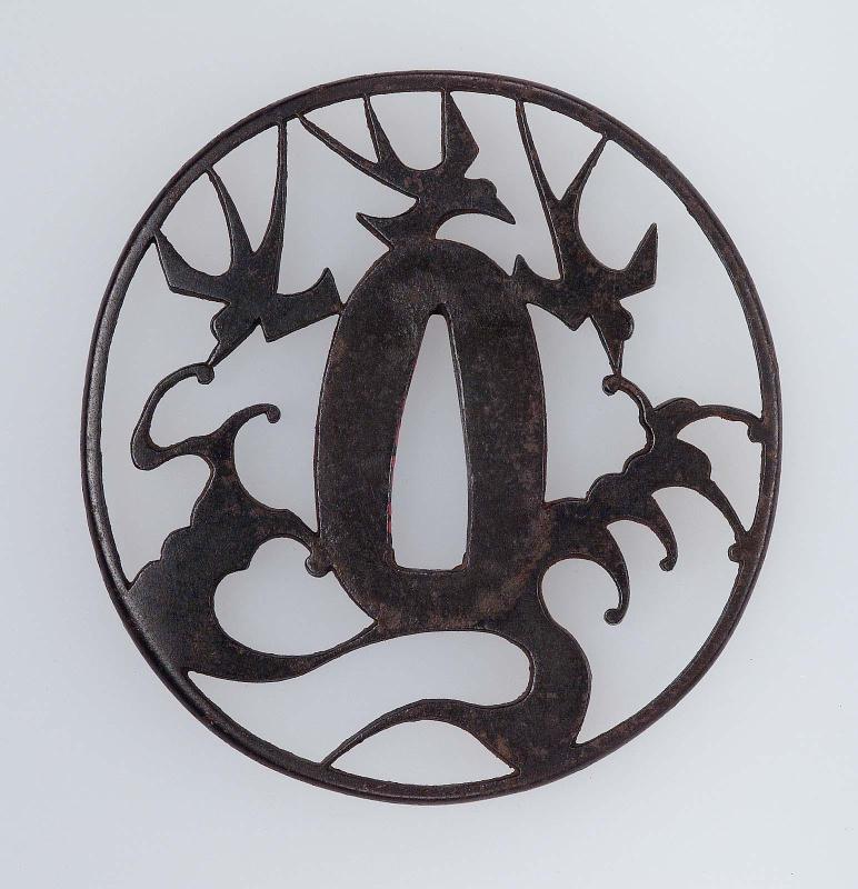 Tsuba with design of terns or swallows and waves