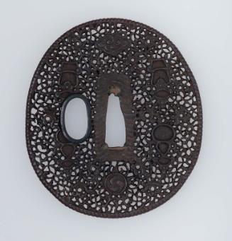 Tsuba with design of vase-forms, tomoe-mon, clouds and arabesques