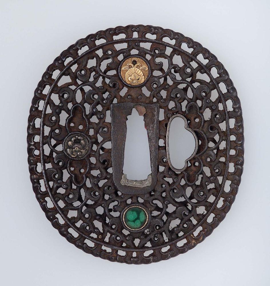 Tsuba with design of floral medallions within arabesques