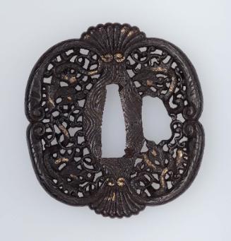 Tsuba of semi-European form with design of confronted dragons, foliage and European ornament