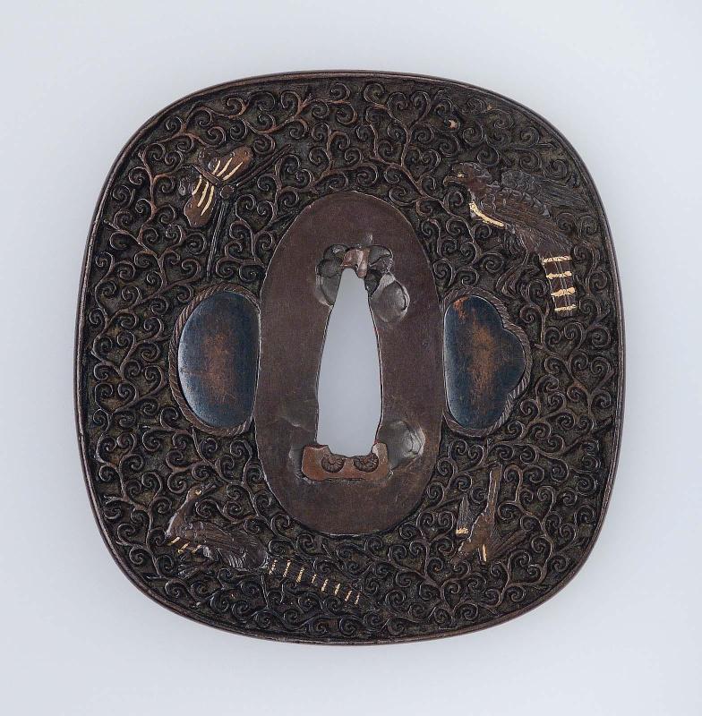 Tsuba with design of birds, butterflies and arabesques