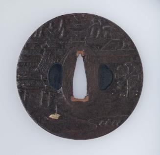 Tsuba with design of Yodo Castle and its waterwheel