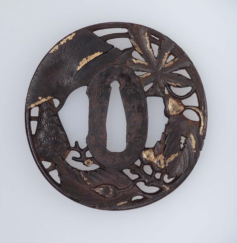 Tsuba with design of autumn leaves and fruits