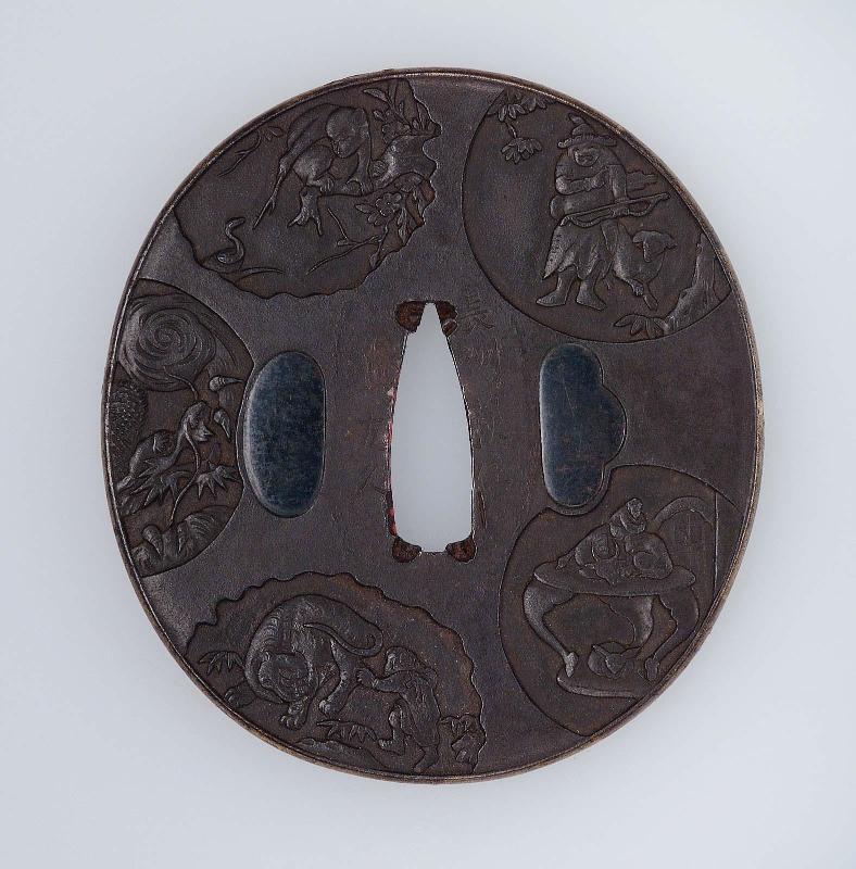Tsuba with design of twelve zodiac animals in cartouches