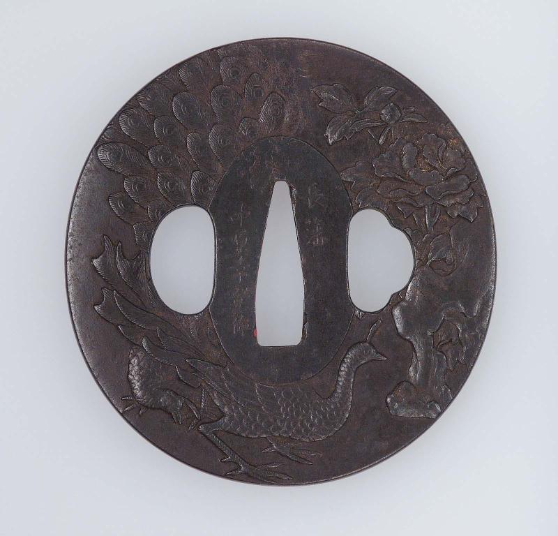 Tsuba with design of a pair of peacocks with peonies