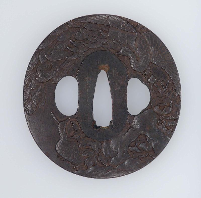 Tsuba with design of a pair of peacocks with peonies
