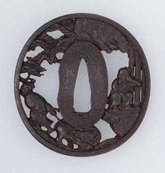 Tsuba with design of sage by a waterfall and another hauling an ox