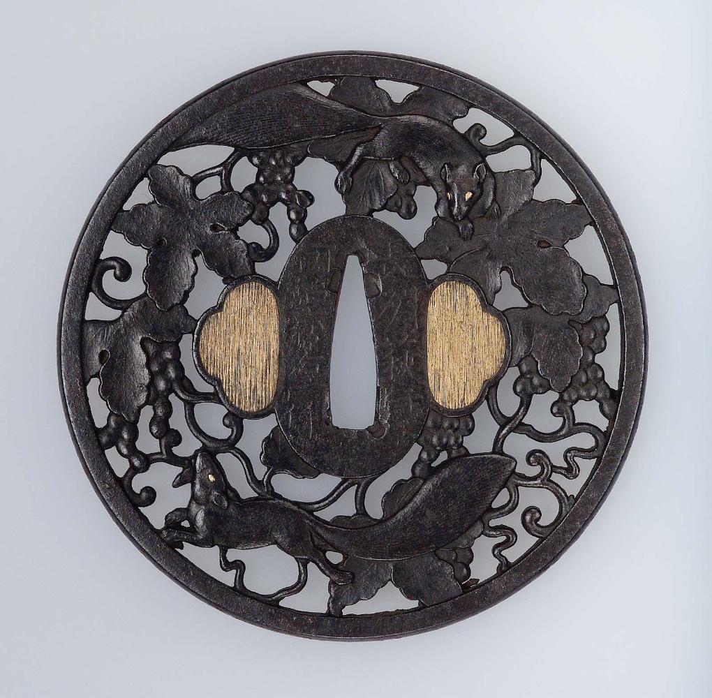 Tsuba with design of squirrels and grapes