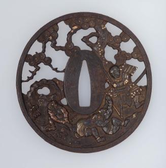 Tsuba with design of seated samurai and three demons