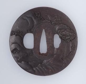 Tsuba with design of shishi and waterfall