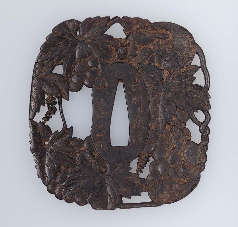 Tsuba with design of squirrels and grapes