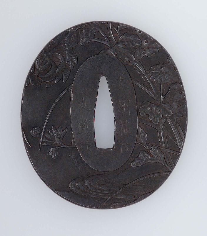 Tsuba with design of chrysanthemums by a stream