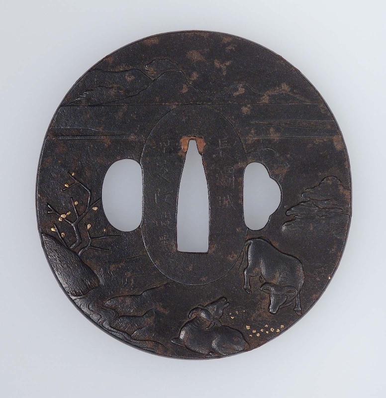 Tsuba with design of a landscape with two water-buffaloes