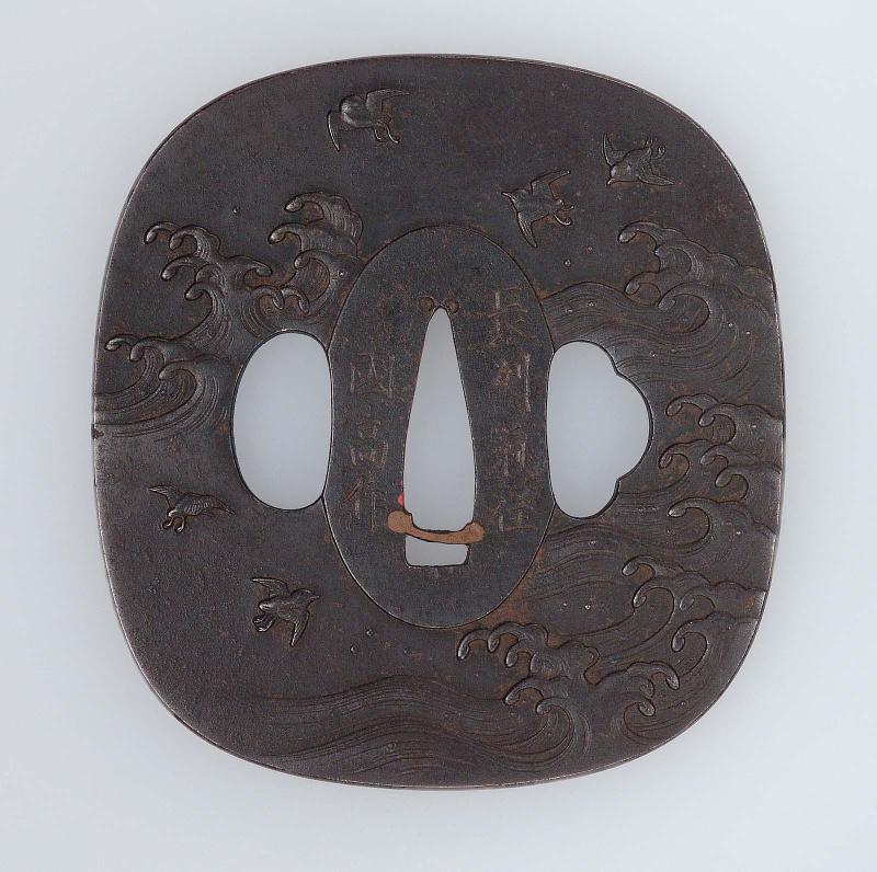 Tsuba with design of birds and waves