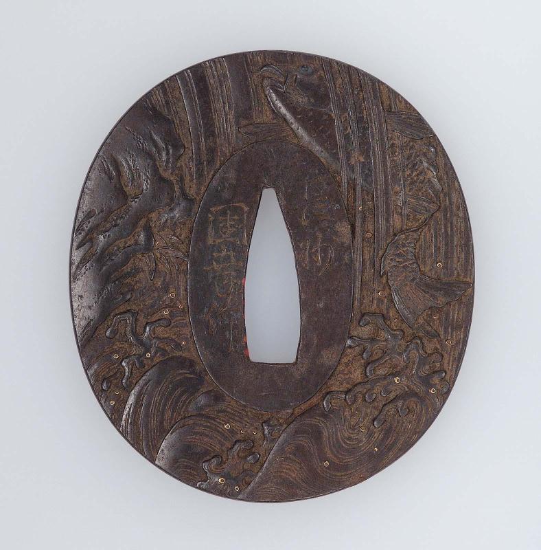 Tsuba with design of carp and waterfall