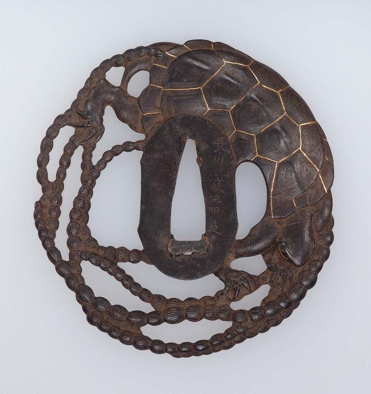 Tsuba with design of turtle and weed