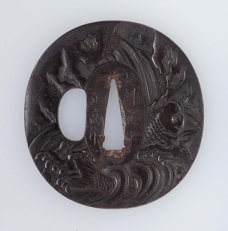 Tsuba with design of carp and waterfall