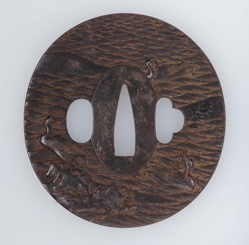 Tsuba with design of cormorants and waves
