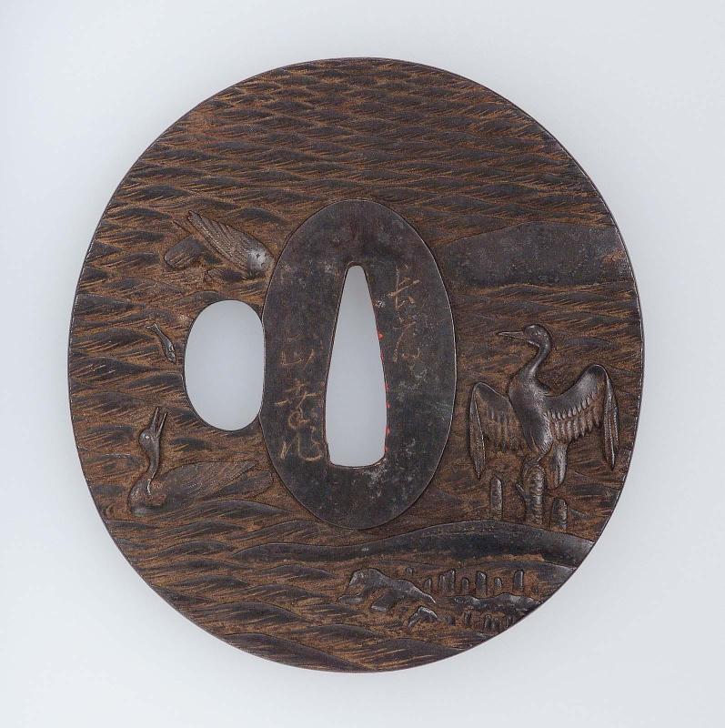 Tsuba with design of cormorants and waves