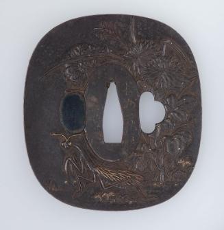 Tsuba with design of mantis and chrysanthemums