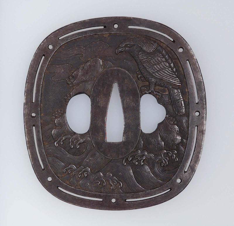 Tsuba with design of eagle, crag and waves
