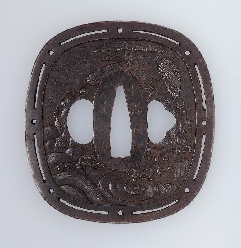 Tsuba with design of eagle, crag and waves