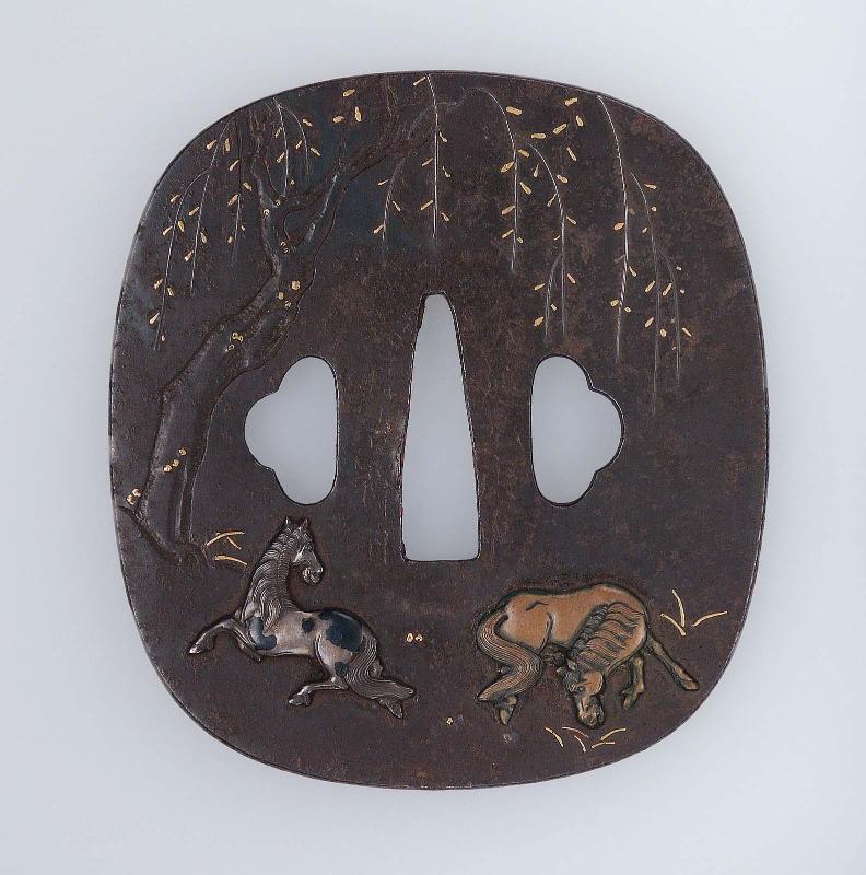 Tsuba with design of mountain landscape and horses and willow