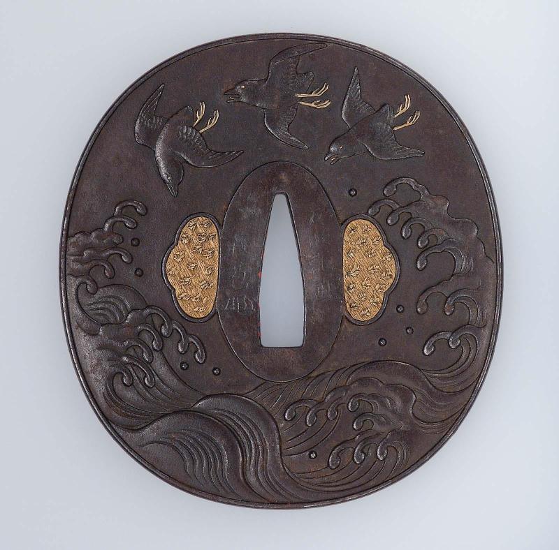 Tsuba with design of birds and waves