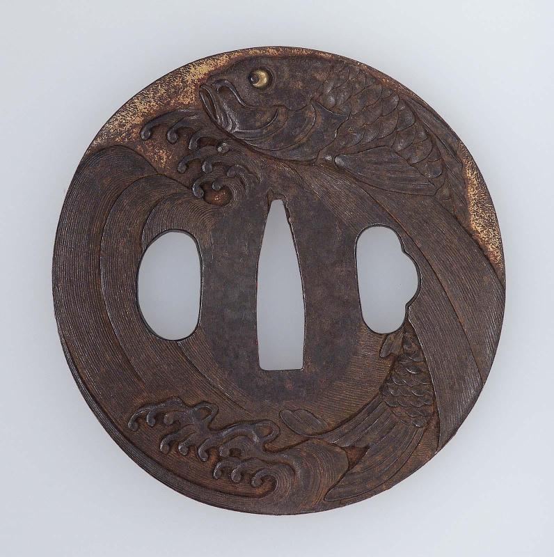 Tsuba with design of carp and waves
