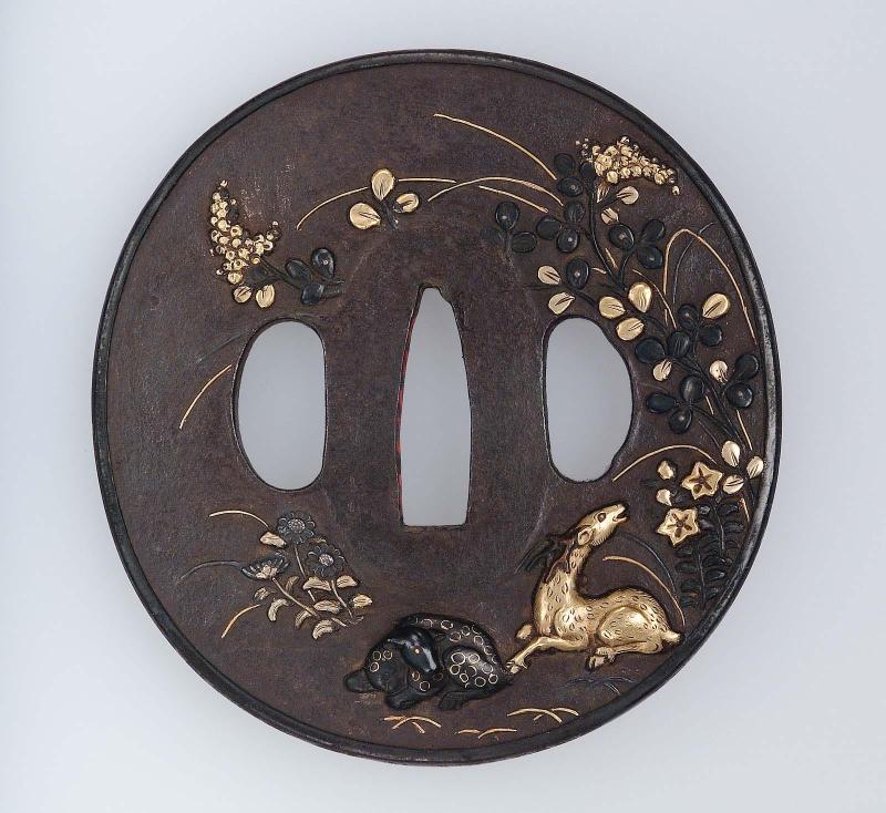 Tsuba with design of deer and autumn plants