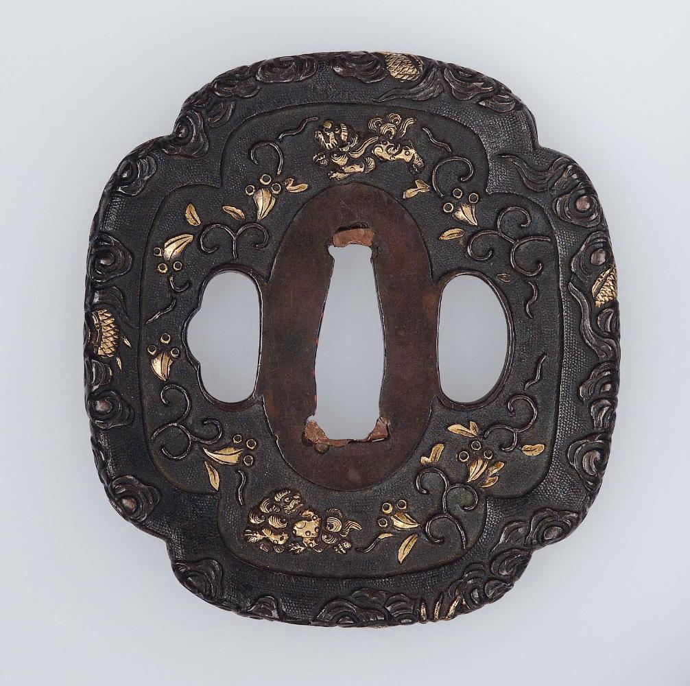 Tsuba with design of shishi, clouds and dragon