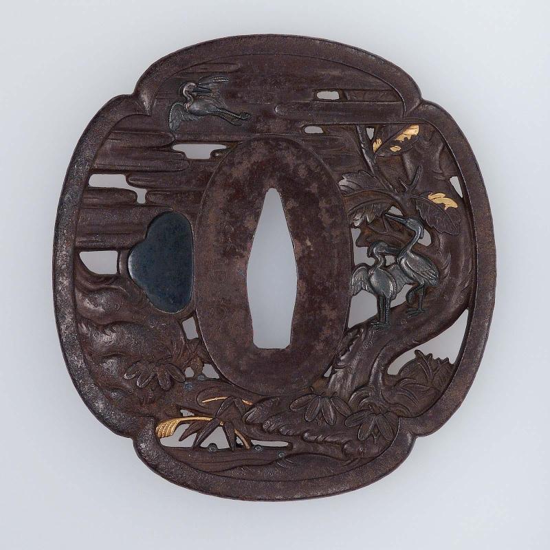 Tsuba with design of cranes, tree and stream