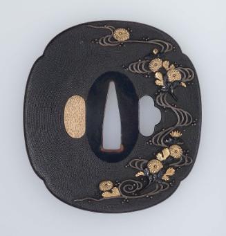 Tsuba with design of chrysanthemum blossoms floating down a stream