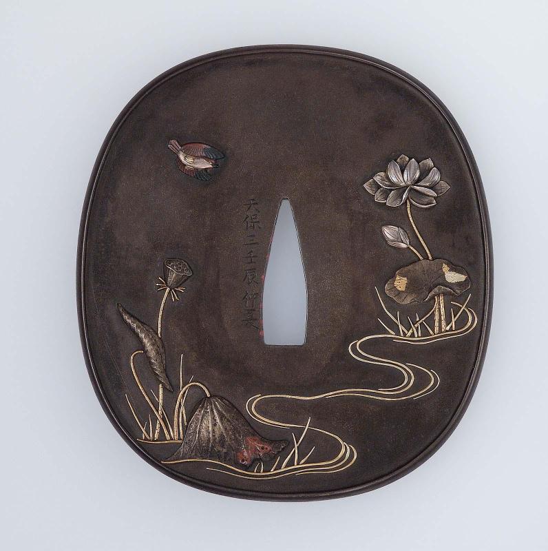 Tsuba with design of lotus pond, sparrow and egret