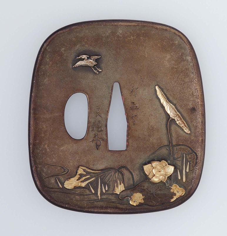 Tsuba with design of lotus pond and egret