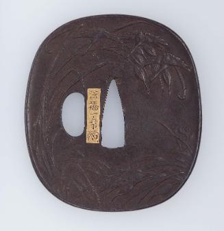 Tsuba with design of descending geese and reeds, and moon, rice plants and naruko