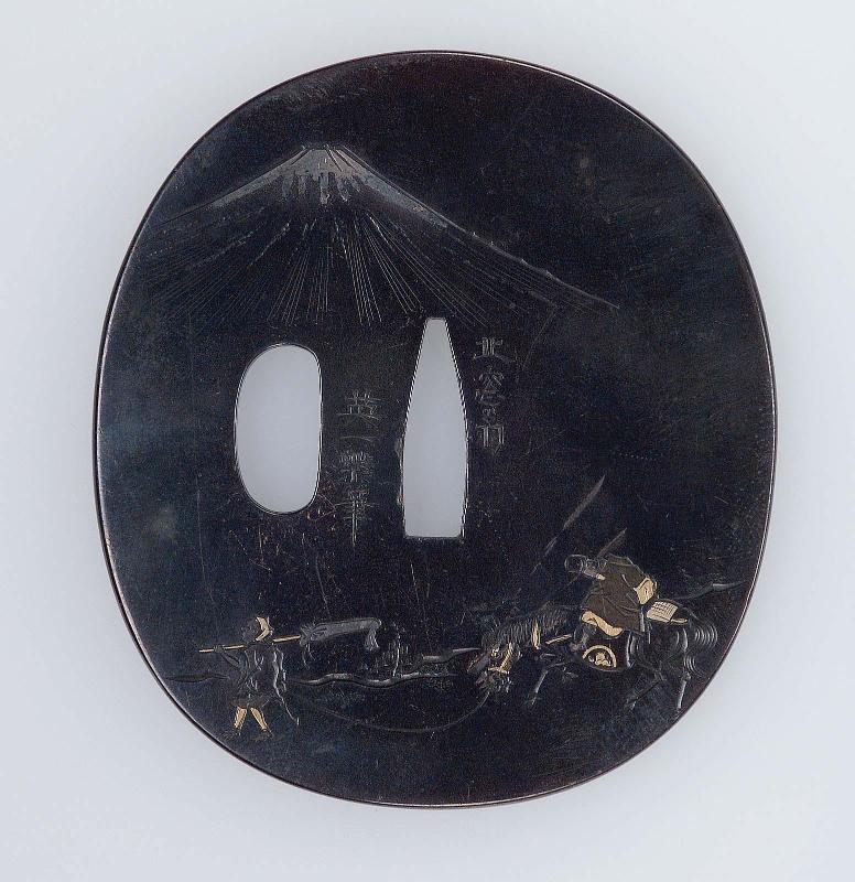 Tsuba with design of mounted traveler and attendant passing mount Fuji