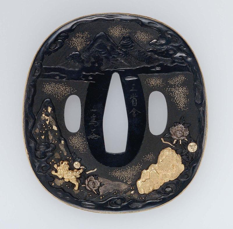 Tsuba with design of shishi and peonies