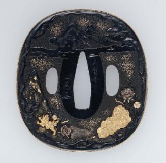 Tsuba with design of shishi and peonies