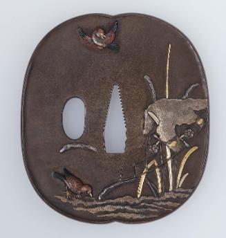 Tsuba with design of snow-covered suisen (narcissus), sparrows and stream