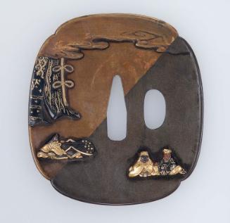 Tsuba with design of male and female courtiers, cherry-blossom and gate