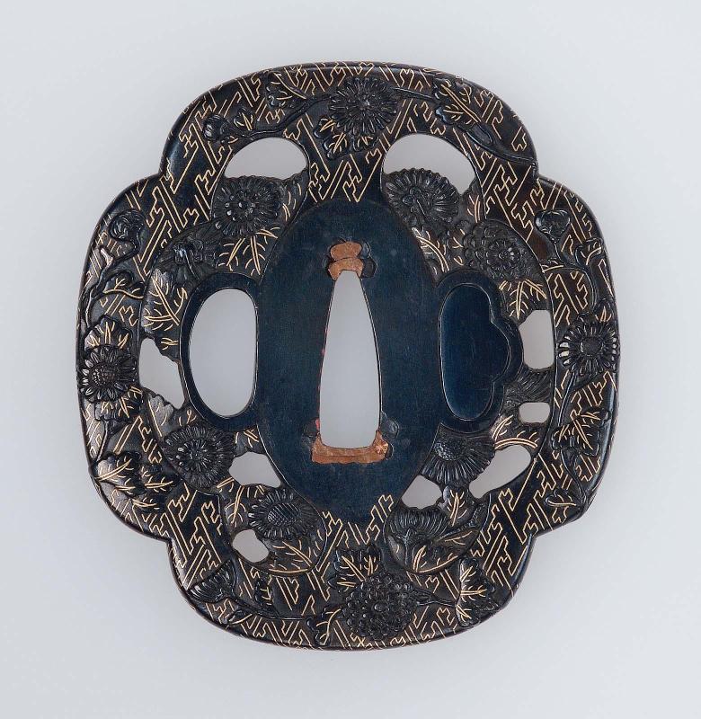 Tsuba with design of broken keyfret pattern and chrysanthemums
