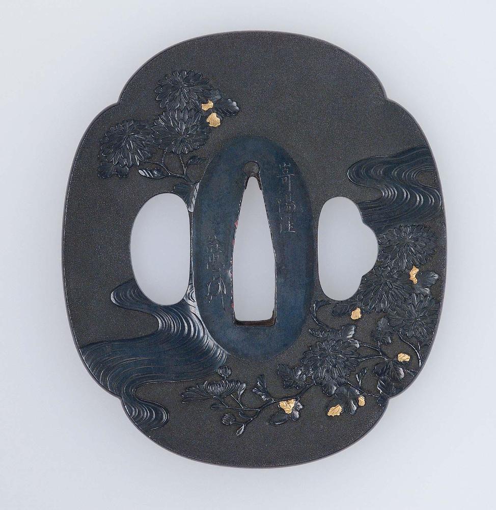 Tsuba with design of chrysanthemums and stream