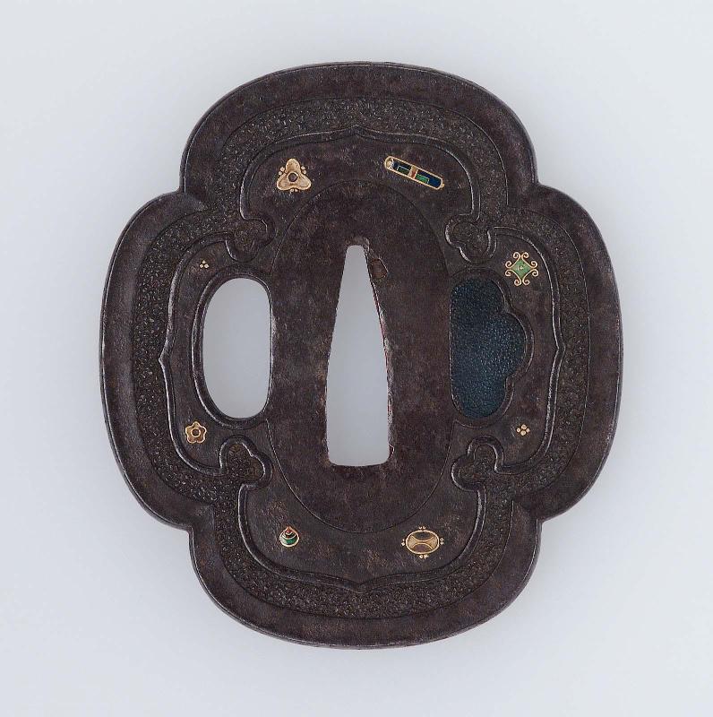 Tsuba with design of auspicious objects and other emblems