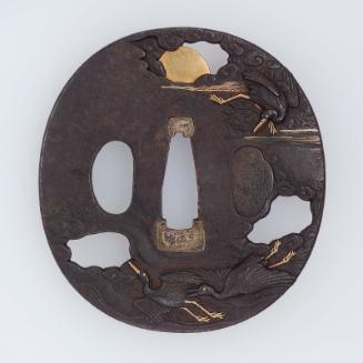 Tsuba with design of flying cranes, sun and waves