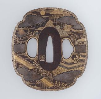 Tsuba with design of temple and castle buildings